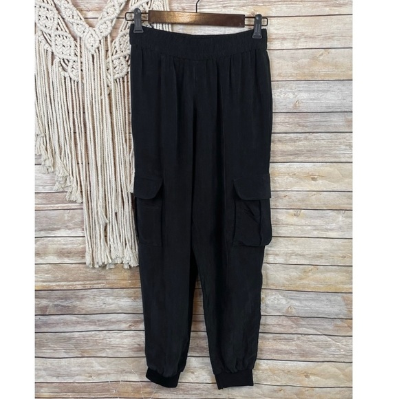 Alice + Olivia | ‘Dede’ Black Smocked Waistband Slinky Twill Cargo Jogger Pants - Picture 2 of 12
